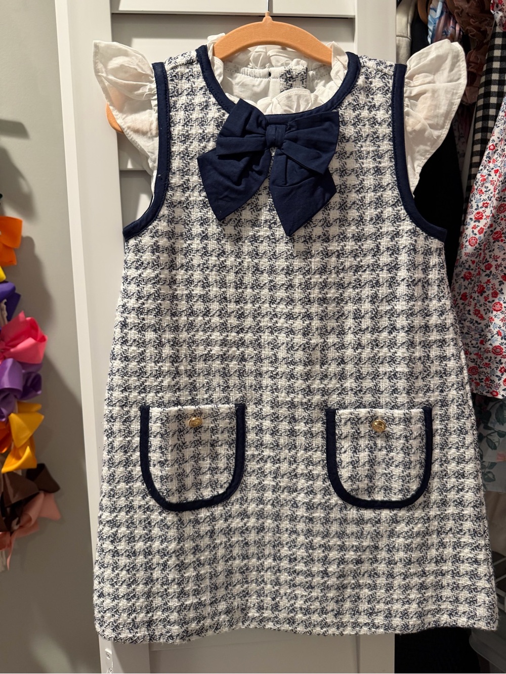 Janie and Jack Cream and Navy Textured Dress with Navy Bow